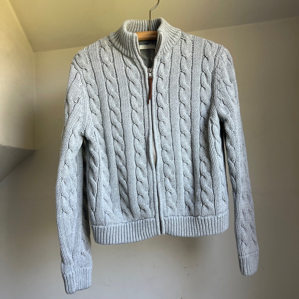 Wyeth Cable Knit Zip Cardigan Sweater Cotton Fisherman Gray Minimalist Mock Neck - Picture 5 of 11